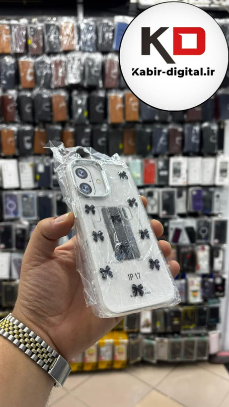 قاب گوشی iPhone 17 آیفون لاکچری شفاف رزینی طرح شاین لنز کرومی طرح پاپیون مشکی