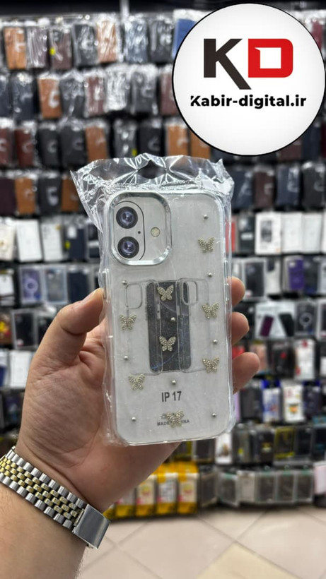 قاب گوشی iPhone 17 آیفون لاکچری شفاف رزینی طرح شاین لنز کرومی طرح پروانه نکین دار
