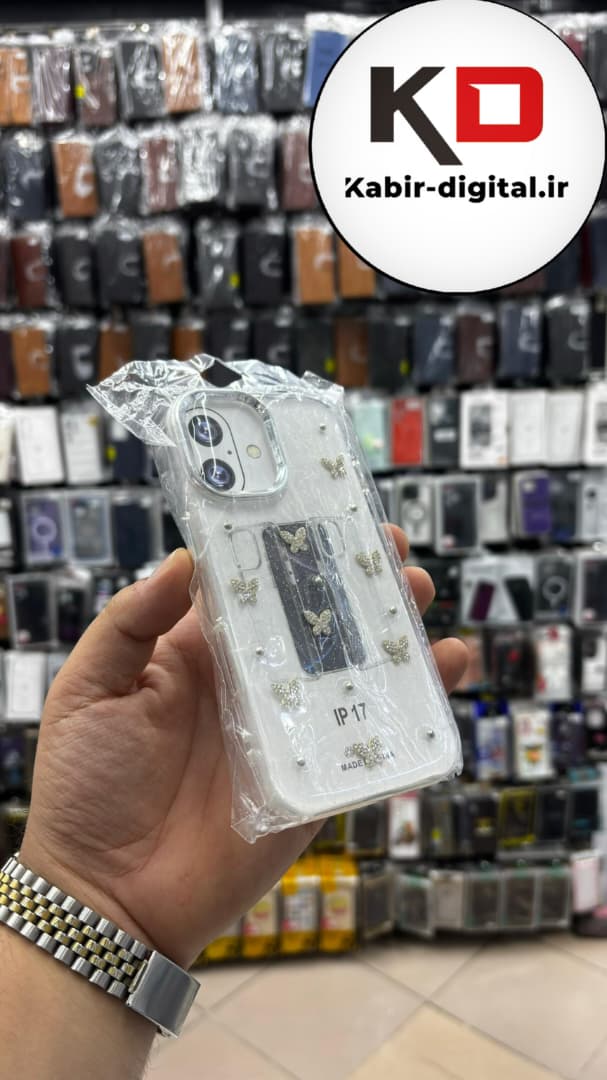 قاب گوشی iPhone 17 آیفون لاکچری شفاف رزینی طرح شاین لنز کرومی طرح پروانه نکین دار