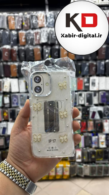 قاب گوشی iPhone 17 آیفون لاکچری شفاف رزینی طرح شاین لنز کرومی طرح پروانه طلایی