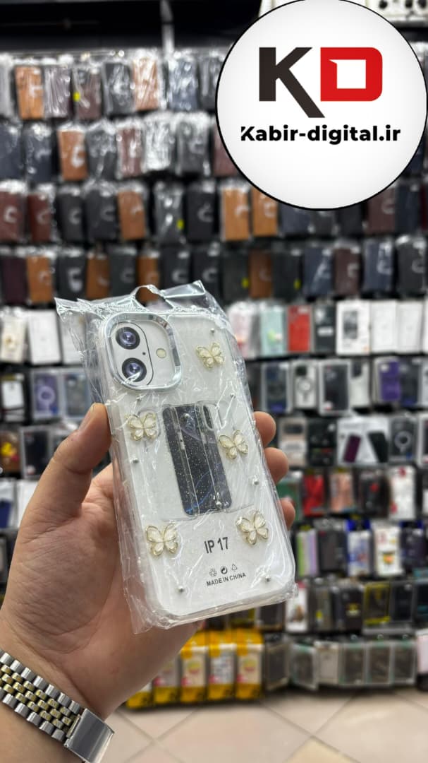 قاب گوشی iPhone 17 آیفون لاکچری شفاف رزینی طرح شاین لنز کرومی طرح پروانه طلایی
