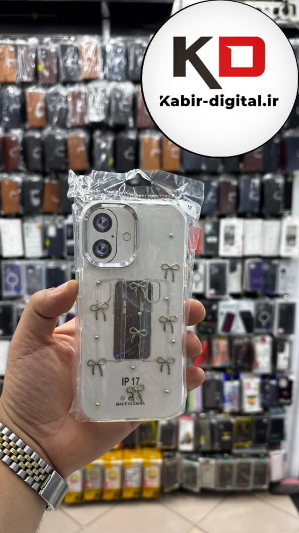 قاب گوشی iPhone 17 آیفون لاکچری شفاف رزینی طرح شاین لنز کرومی طرح پاپیون