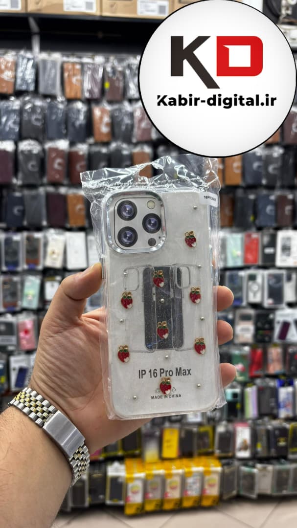 قاب گوشی iPhone 16 Pro Maxآیفون لاکچری شفاف رزینی طرح شاین لنز کرومی طرح توت فرنگی