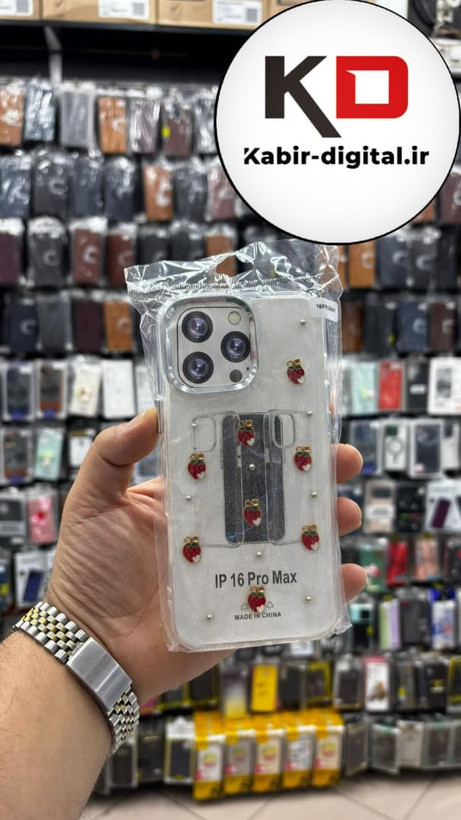 قاب گوشی iPhone 16 Pro Maxآیفون لاکچری شفاف رزینی طرح شاین لنز کرومی طرح توت فرنگی