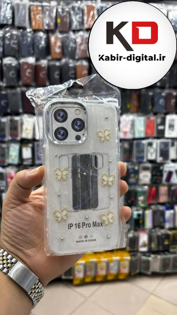 قاب گوشی iPhone 16 Pro Maxآیفون لاکچری شفاف رزینی طرح شاین لنز کرومی طرح پروانه طلایی