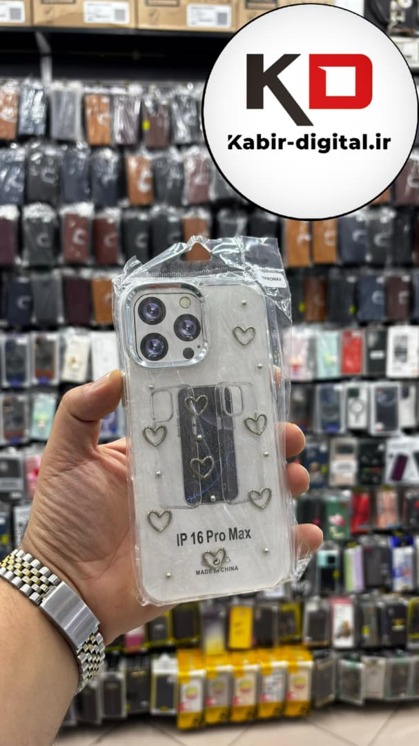 قاب گوشی iPhone 16 Pro Maxآیفون لاکچری شفاف رزینی طرح شاین لنز کرومی طرح قلبی