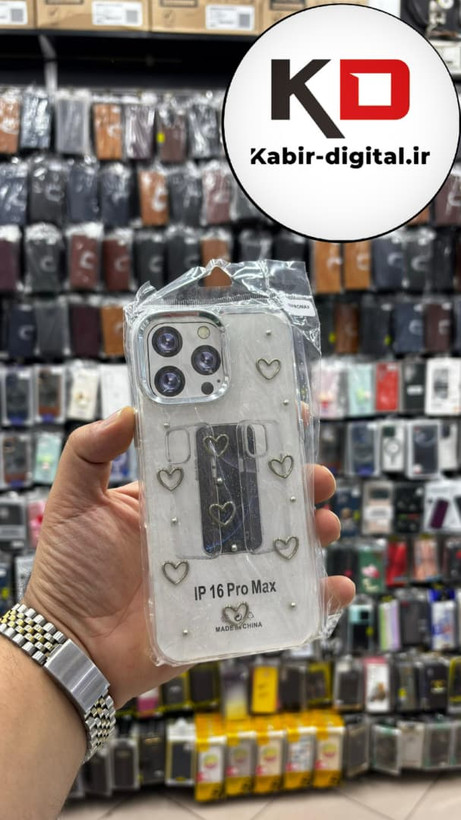 قاب گوشی iPhone 16 Pro Maxآیفون لاکچری شفاف رزینی طرح شاین لنز کرومی طرح قلبی