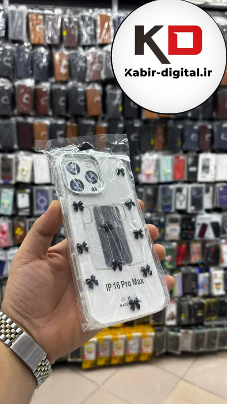 قاب گوشی iPhone 16 Pro Maxآیفون لاکچری شفاف رزینی طرح شاین لنز کرومی طرح پاپیون مشکی