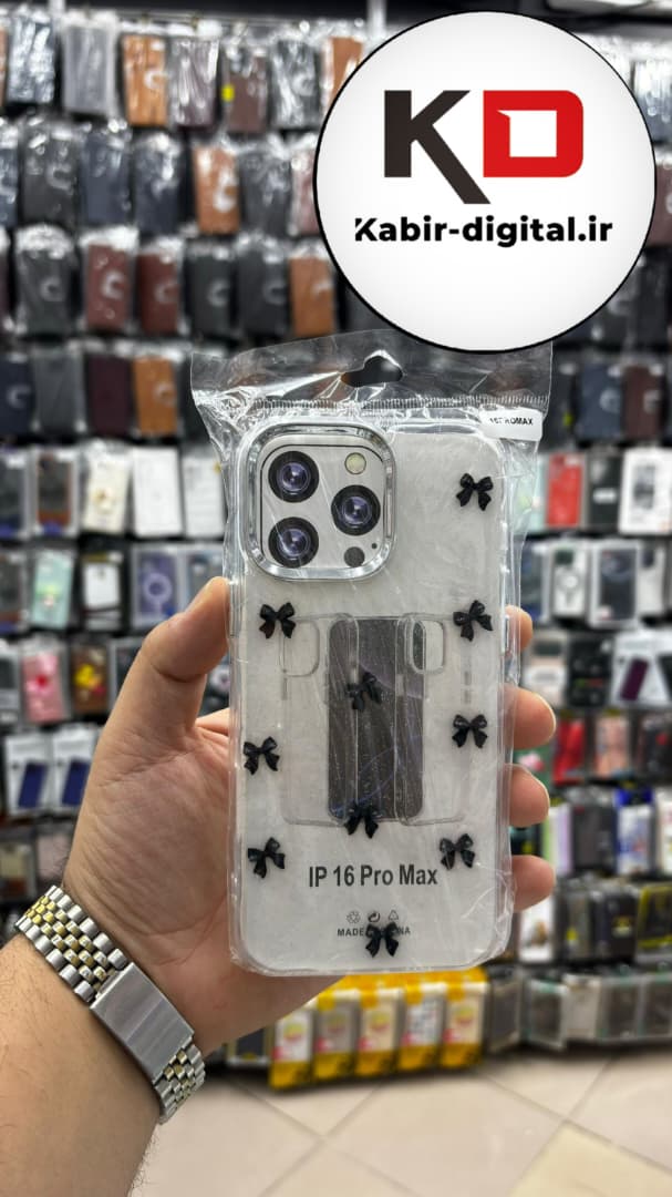 قاب گوشی iPhone 16 Pro Maxآیفون لاکچری شفاف رزینی طرح شاین لنز کرومی طرح پاپیون مشکی