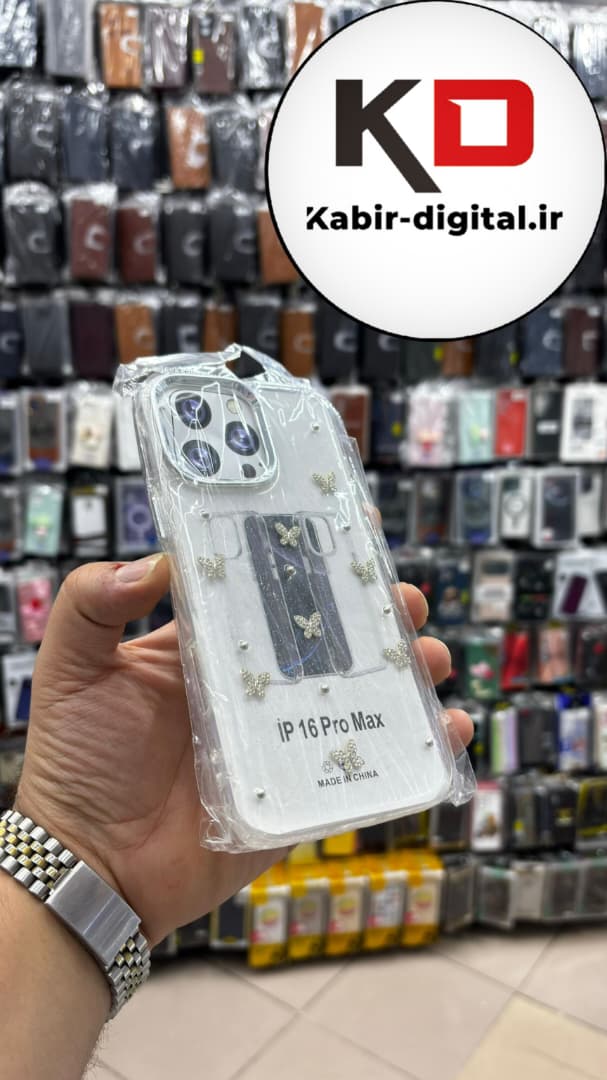 قاب گوشی iPhone 16 Pro Maxآیفون لاکچری شفاف رزینی طرح شاین لنز کرومی طرح پروانه نگین دار