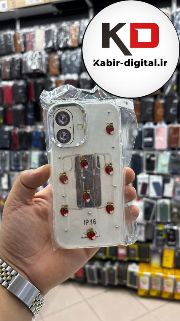 قاب گوشی iPhone 16 آیفون لاکچری شفاف رزینی طرح شاین لنز کرومی طرح توت فرنگی