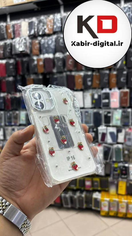 قاب گوشی iPhone 16 آیفون لاکچری شفاف رزینی طرح شاین لنز کرومی طرح توت فرنگی