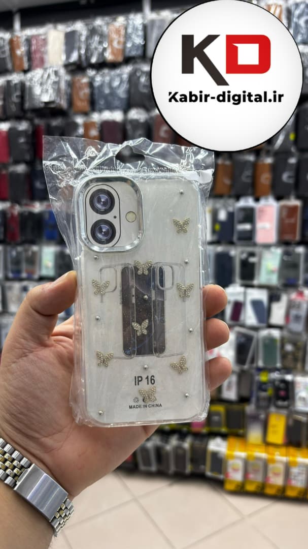 قاب گوشی iPhone 16 آیفون لاکچری شفاف رزینی طرح شاین لنز کرومی طرح پروانه نگین دار