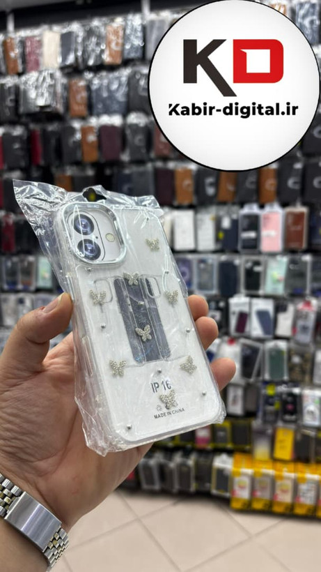 قاب گوشی iPhone 16 آیفون لاکچری شفاف رزینی طرح شاین لنز کرومی طرح پروانه نگین دار