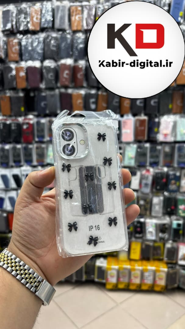 قاب گوشی iPhone 16 آیفون لاکچری شفاف رزینی طرح شاین لنز کرومی طرح پاپیون مشکی