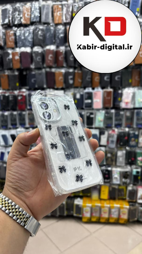 قاب گوشی iPhone 16 آیفون لاکچری شفاف رزینی طرح شاین لنز کرومی طرح پاپیون مشکی