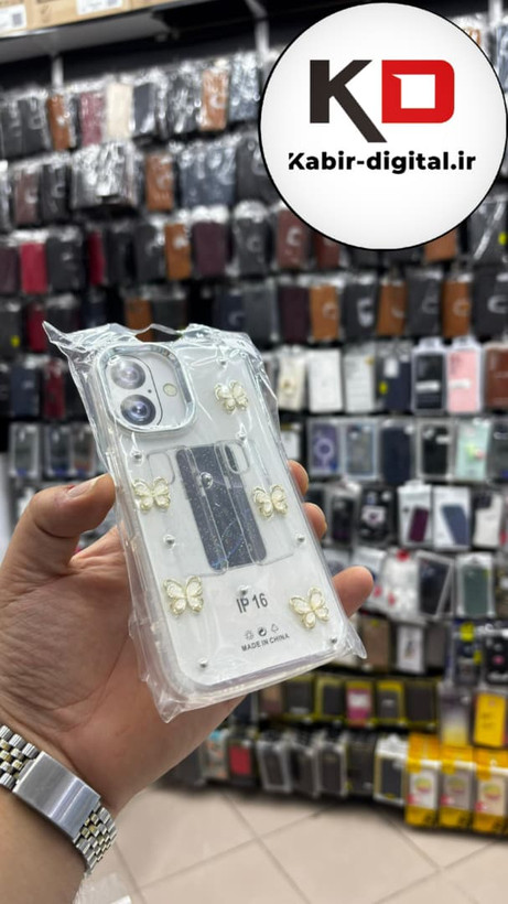 قاب گوشی iPhone 16 آیفون لاکچری شفاف رزینی طرح شاین لنز کرومی طرح پروانه طلایی