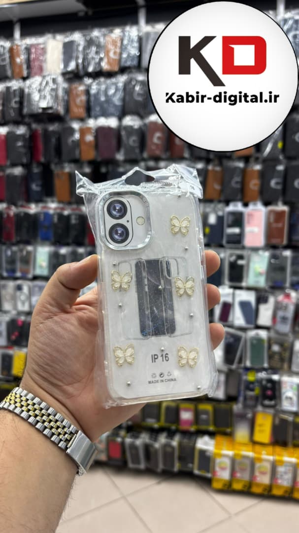 قاب گوشی iPhone 16 آیفون لاکچری شفاف رزینی طرح شاین لنز کرومی طرح پروانه طلایی