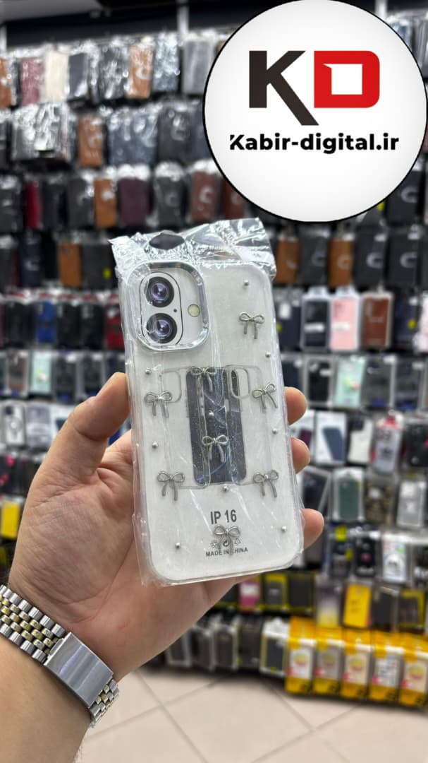 قاب گوشی iPhone 16 آیفون لاکچری شفاف رزینی طرح شاین لنز کرومی طرح پاپیون