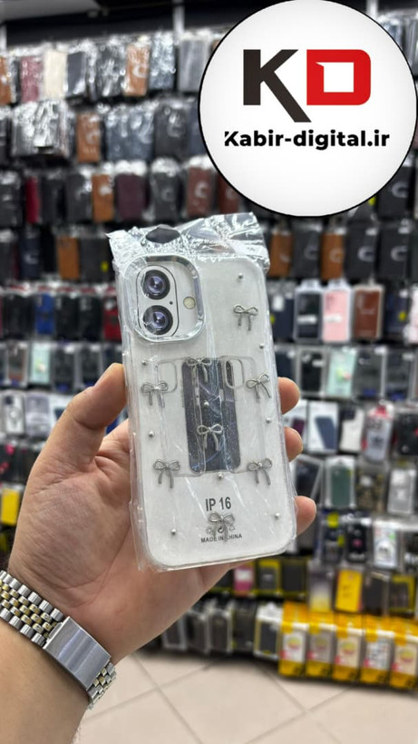 قاب گوشی iPhone 16 آیفون لاکچری شفاف رزینی طرح شاین لنز کرومی طرح پاپیون