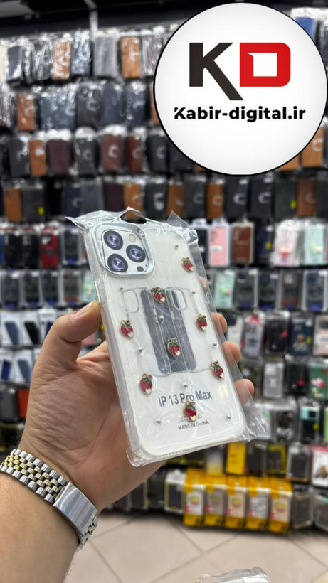قاب گوشی iPhone 13 Pro Max آیفون لاکچری شفاف رزینی طرح شاین لنز کرومی طرح توت فرنگی