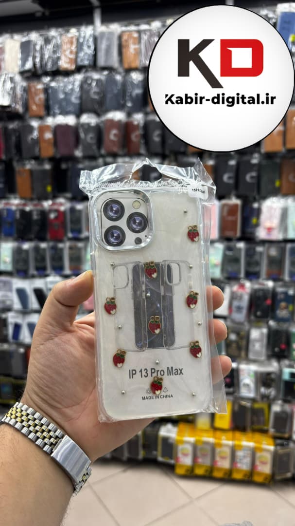 قاب گوشی iPhone 13 Pro Max آیفون لاکچری شفاف رزینی طرح شاین لنز کرومی طرح توت فرنگی