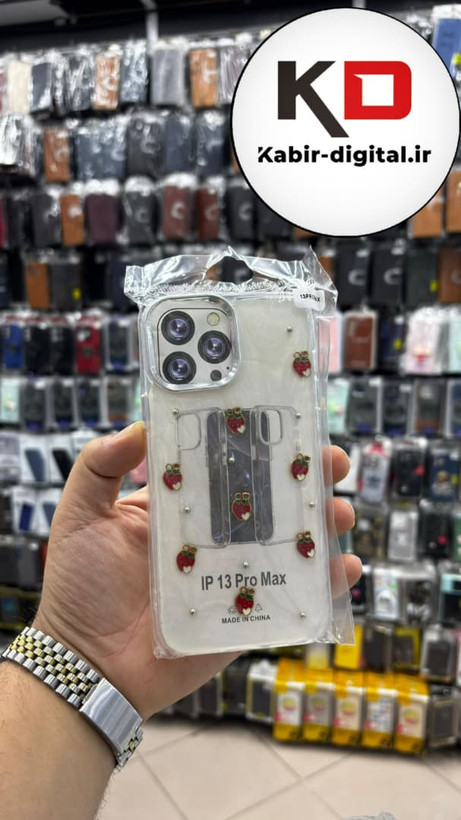 قاب گوشی iPhone 13 Pro Max آیفون لاکچری شفاف رزینی طرح شاین لنز کرومی طرح توت فرنگی