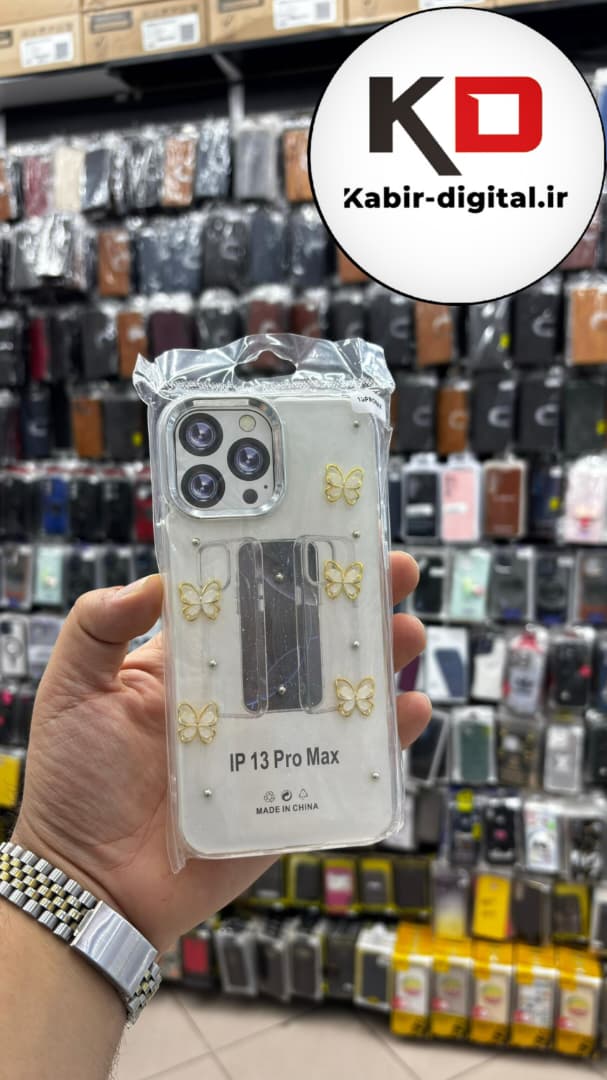قاب گوشی iPhone 13 Pro Max آیفون لاکچری شفاف رزینی طرح شاین لنز کرومی طرح پروانه طلایی