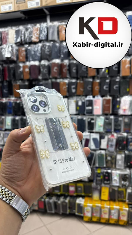 قاب گوشی iPhone 13 Pro Max آیفون لاکچری شفاف رزینی طرح شاین لنز کرومی طرح پروانه طلایی
