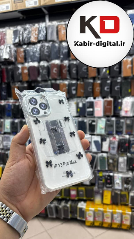 قاب گوشی iPhone 13 Pro Max آیفون لاکچری شفاف رزینی طرح شاین لنز کرومی طرح پاپیون مشکی