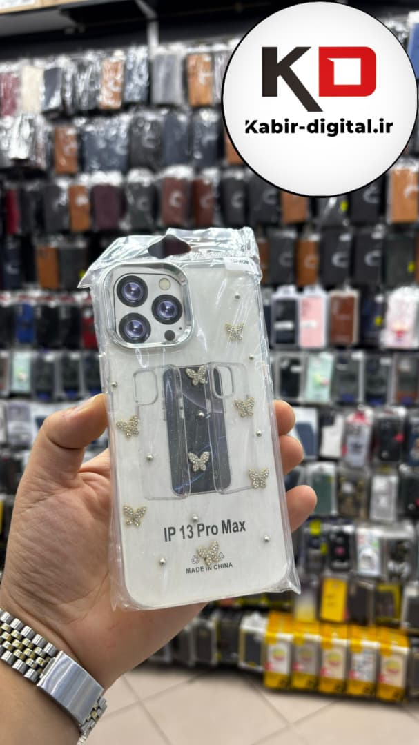 قاب گوشی iPhone 13 Pro Max آیفون لاکچری شفاف رزینی طرح شاین لنز کرومی طرح پروانه نگین دار