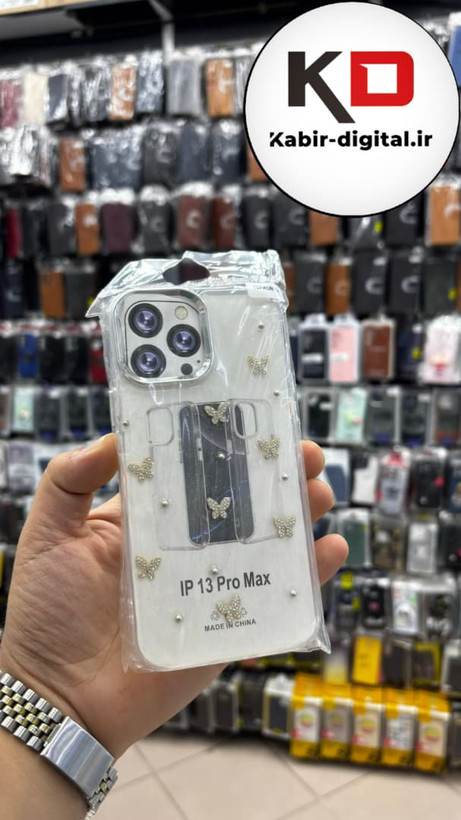 قاب گوشی iPhone 13 Pro Max آیفون لاکچری شفاف رزینی طرح شاین لنز کرومی طرح پروانه نگین دار