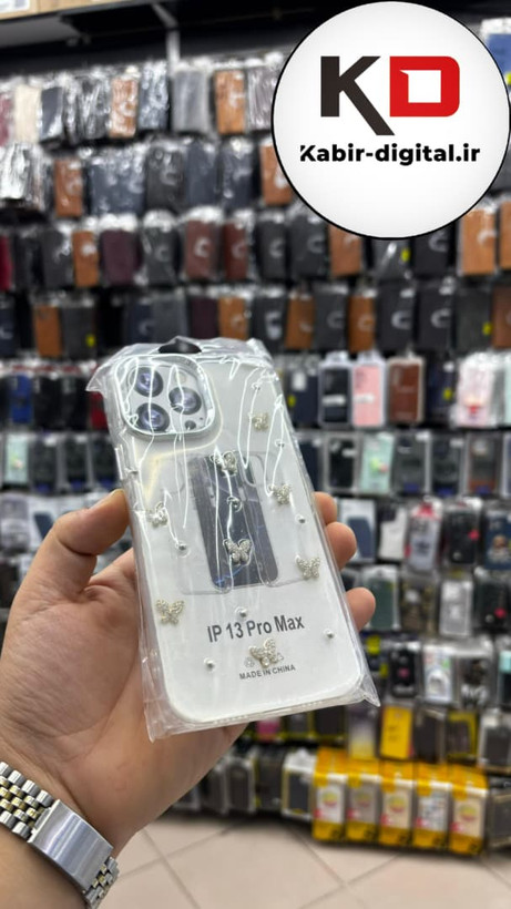 قاب گوشی iPhone 13 Pro Max آیفون لاکچری شفاف رزینی طرح شاین لنز کرومی طرح پروانه نگین دار