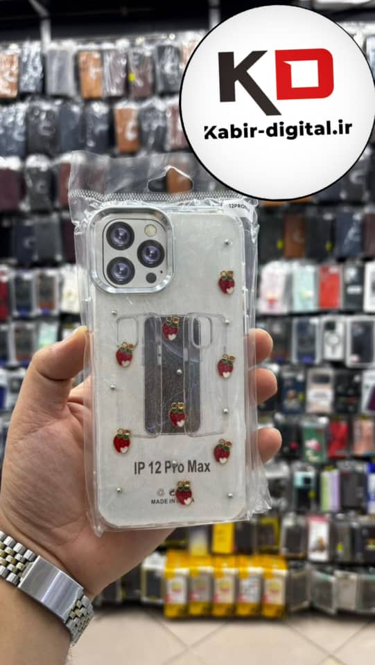 قاب گوشی iPhone 12 Pro Max آیفون لاکچری شفاف رزینی طرح شاین لنز کرومی طرح توت فرنگی