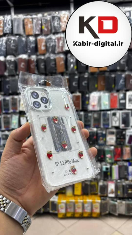 قاب گوشی iPhone 12 Pro Max آیفون لاکچری شفاف رزینی طرح شاین لنز کرومی طرح توت فرنگی