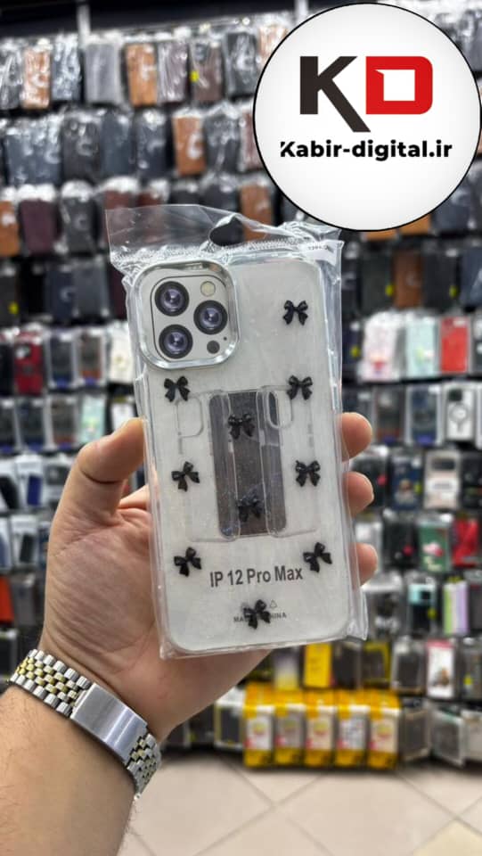 قاب گوشی iPhone 12 Pro Max آیفون لاکچری شفاف رزینی طرح شاین لنز کرومی طرح پاپیون مشکی