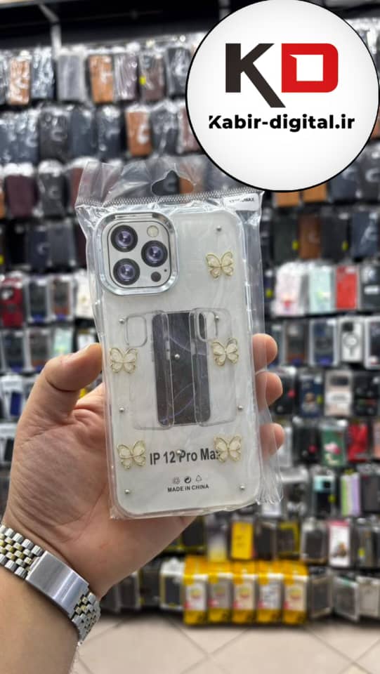 قاب گوشی iPhone 12 Pro Max آیفون لاکچری شفاف رزینی طرح شاین لنز کرومی طرح پروانه طلایی