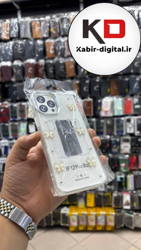 قاب گوشی iPhone 12 Pro Max آیفون لاکچری شفاف رزینی طرح شاین لنز کرومی طرح پروانه طلایی