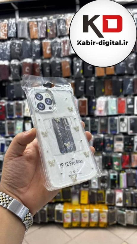 قاب گوشی iPhone 12 Pro Max آیفون لاکچری شفاف رزینی طرح شاین لنز کرومی طرح پروانه نگین دار