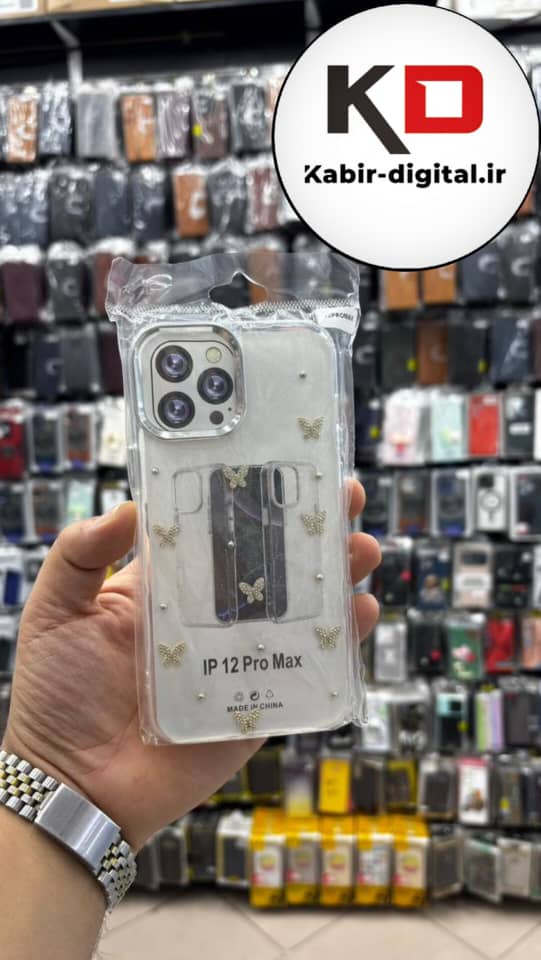 قاب گوشی iPhone 12 Pro Max آیفون لاکچری شفاف رزینی طرح شاین لنز کرومی طرح پروانه نگین دار