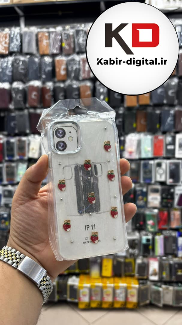 قاب گوشی iPhone 11 آیفون لاکچری شفاف رزینی طرح شاین لنز کرومی طرح توت فرنگی