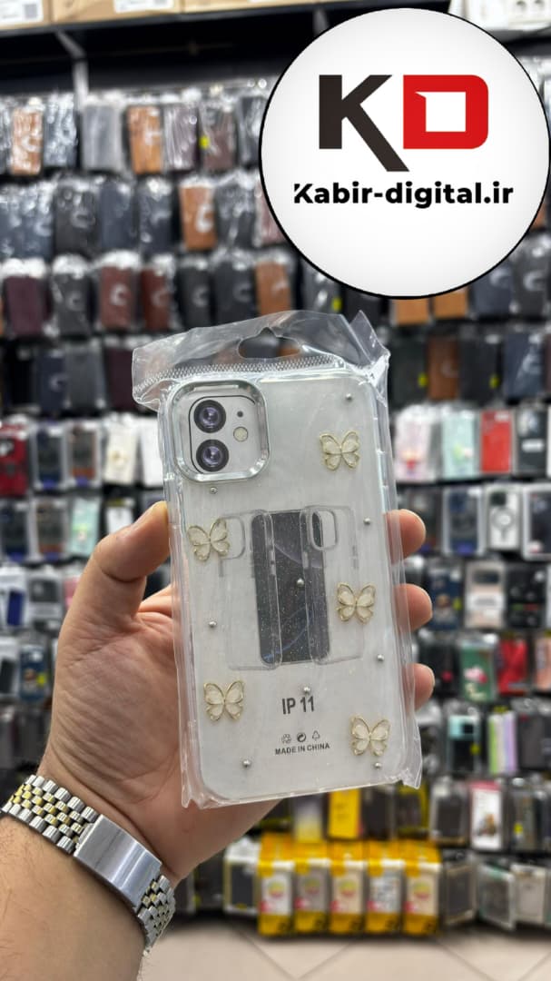 قاب گوشی iPhone 11 آیفون لاکچری شفاف رزینی طرح شاین لنز کرومی طرح پروانه طلایی