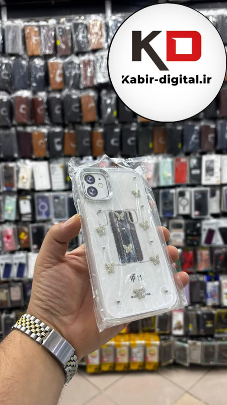 قاب گوشی iPhone 11 آیفون لاکچری شفاف رزینی طرح شاین لنز کرومی طرح پروانه نگین دار