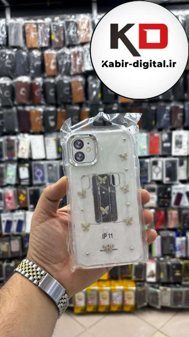 قاب گوشی iPhone 11 آیفون لاکچری شفاف رزینی طرح شاین لنز کرومی طرح پروانه نگین دار