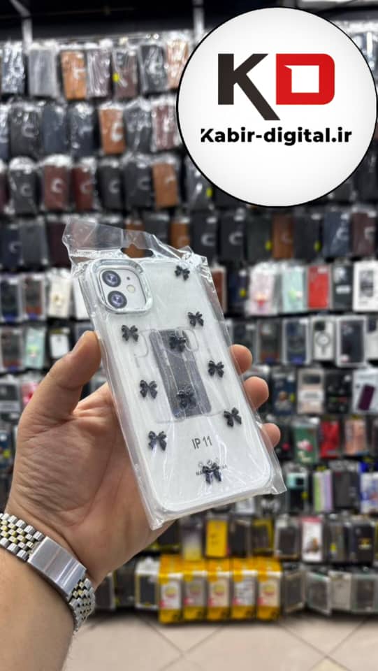 قاب گوشی iPhone 11 آیفون لاکچری شفاف رزینی طرح شاین لنز کرومی طرح پاپیون مشکی