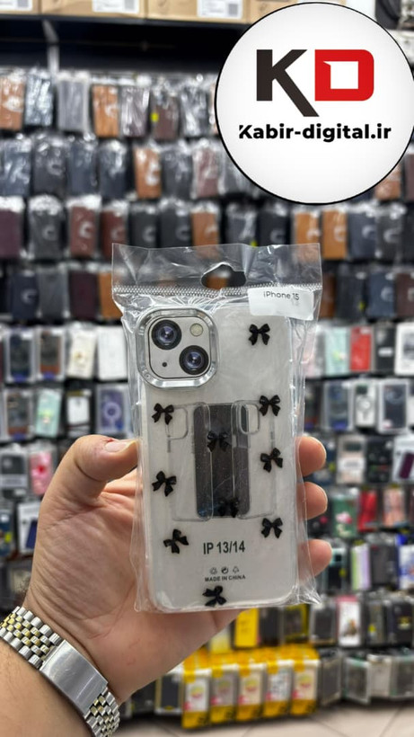 قاب گوشی iPhone 13/14/15 آیفون لاکچری شفاف رزینی طرح شاین لنز کرومی طرح پاپیون مشکی