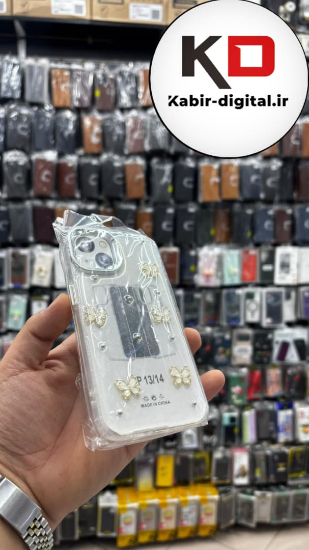 قاب گوشی iPhone 13/14/15 آیفون لاکچری شفاف رزینی طرح شاین لنز کرومی طرح پروانه طلایی