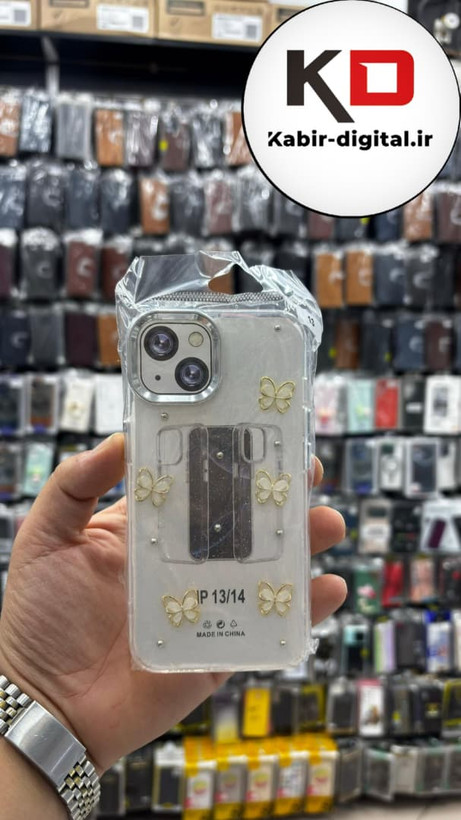 قاب گوشی iPhone 13/14/15 آیفون لاکچری شفاف رزینی طرح شاین لنز کرومی طرح پروانه طلایی