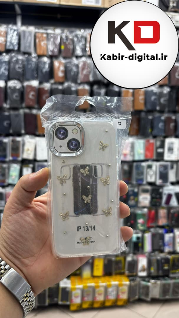 قاب گوشی iPhone 13/14/15 آیفون لاکچری شفاف رزینی طرح شاین لنز کرومی طرح پروانه نگین دار