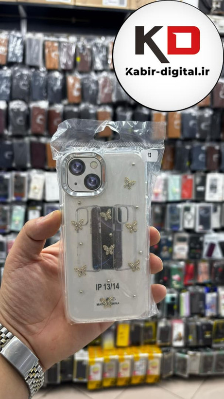 قاب گوشی iPhone 13/14/15 آیفون لاکچری شفاف رزینی طرح شاین لنز کرومی طرح پروانه نگین دار